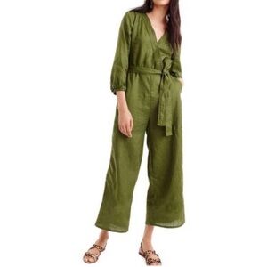 J. Crew Point Sur Linen Wrap Jumpsuit Olive Green